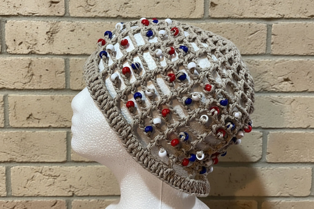 Handcrafted Crochet Beaded Hat – Adult Size (Tan Multi-Bead)
