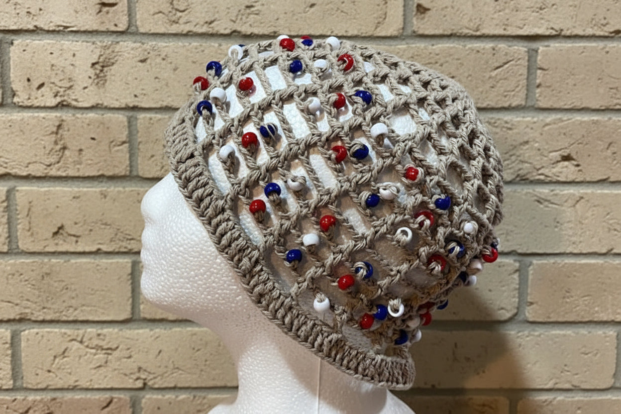 Handcrafted Crochet Beaded Hat – Adult Size (Tan Multi-Bead)