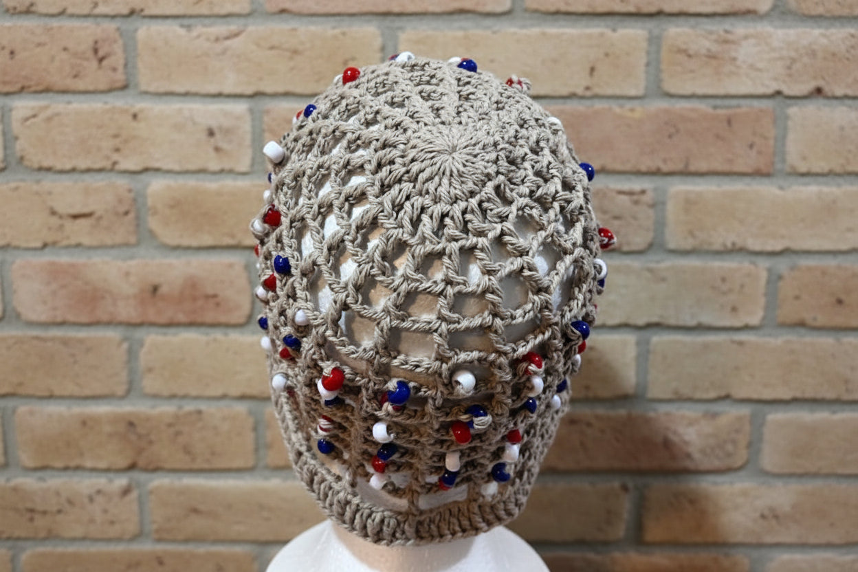 Handcrafted Crochet Beaded Hat – Adult Size (Tan Multi-Bead)