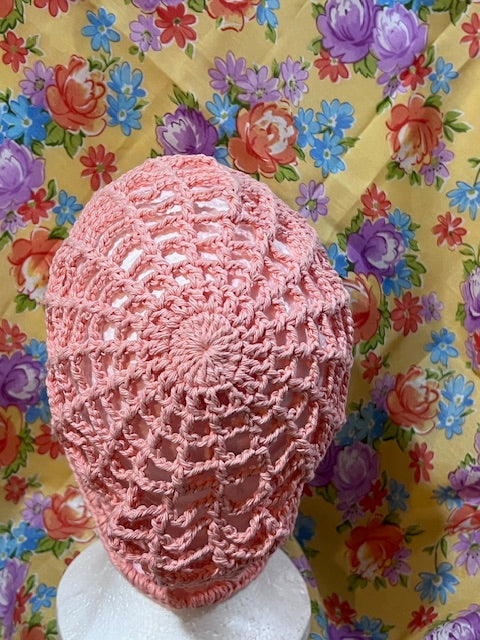 Handcrafted Crochet Mesh Hat – Adult Size (Soft Pink)
