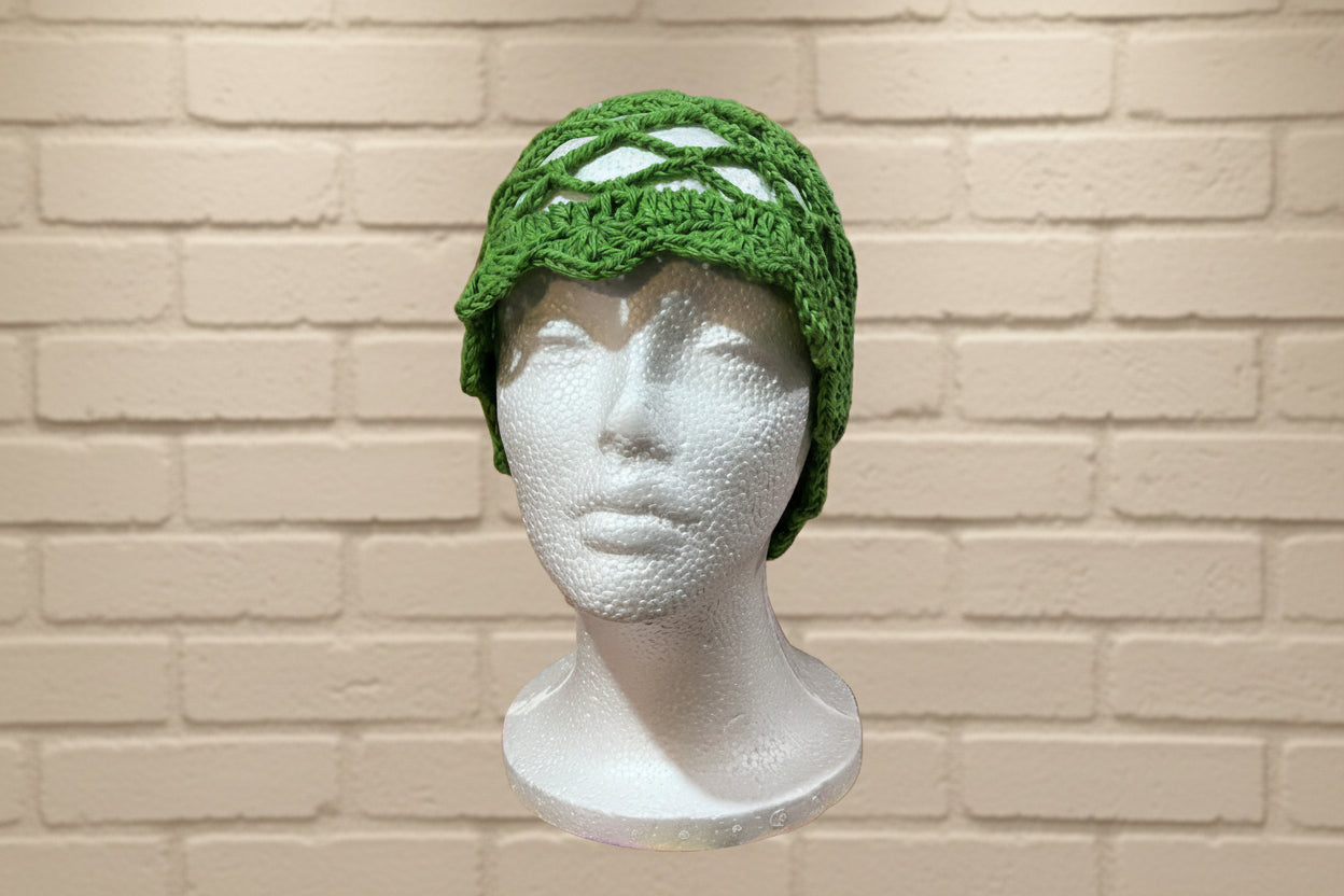 Handcrafted Crochet Mesh Hat – Adult Size (Green Lattice)